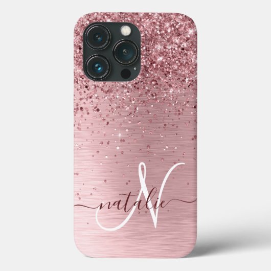 Blush Pink Brushed Metal Glitter Monogram Name Case-Mate iPhoneケース (裏面)
