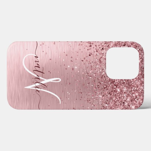 Blush Pink Brushed Metal Glitter Monogram Name Case-Mate iPhoneケース (裏面 (横))