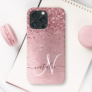 Blush Pink Brushed Metal Glitter Monogram Name iPhone 13 Proケース