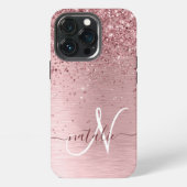 Blush Pink Brushed Metal Glitter Monogram Name iPhoneケース (裏面)