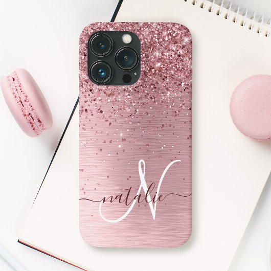 Blush Pink Brushed Metal Glitter Monogram Name iPhoneケース