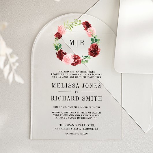 Blush Pink Burgundy Floral Navy Blue Wedding アクリル招待状