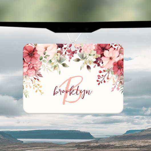 Blush Pink Burgundy Floral Script Monogram カーエアーフレッシュナー