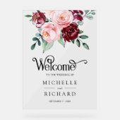 Blush Pink Burgundy Floral Wedding Welcome アクリルサイン (正面)