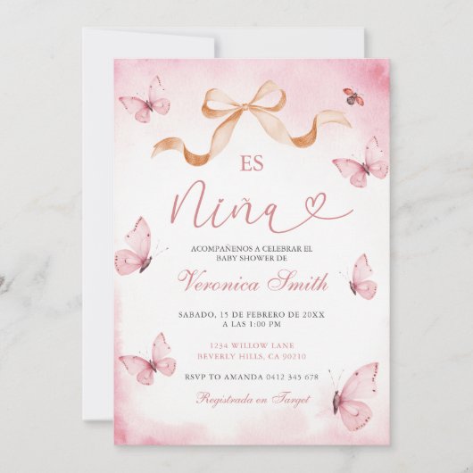 Blush Pink Butterflies Es Nina Baby Shower  招待状 (正面)