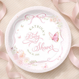 Blush Pink Butterfly Floral Girl Baby Shower ペーパープレート