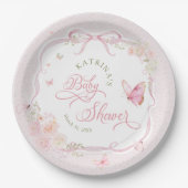 Blush Pink Butterfly Floral Girl Baby Shower ペーパープレート (正面)