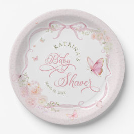 Blush Pink Butterfly Floral Girl Baby Shower ペーパープレート