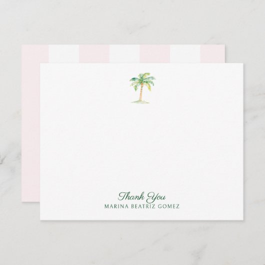 Blush Pink Cabana Stripes Palm Tree Thank You ノートカード (正面/裏面)