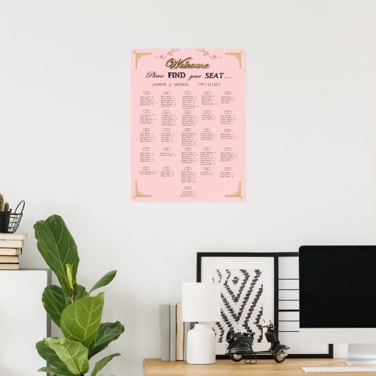Blush Pink Champagne Gold Wedding Seating Chart ポスター (ホームオフィス)