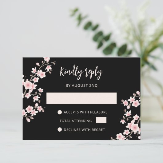 Blush Pink Cherry Blossom Black 出欠カード (スタンド正面)