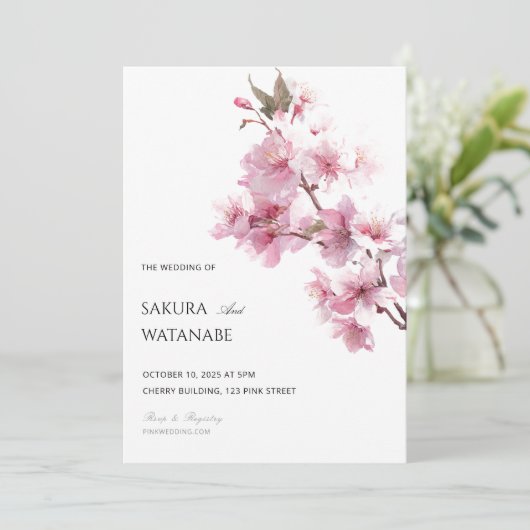 Blush Pink Cherry Blossom Flower Japanese Wedding 招待状 (スタンド正面)