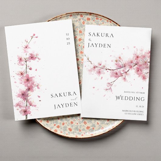 Blush Pink Cherry Blossom Flower Japanese Wedding  招待状