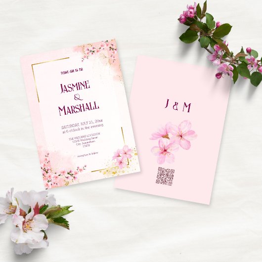 Blush Pink Cherry Blossom Gold Wedding Invitation 招待状
