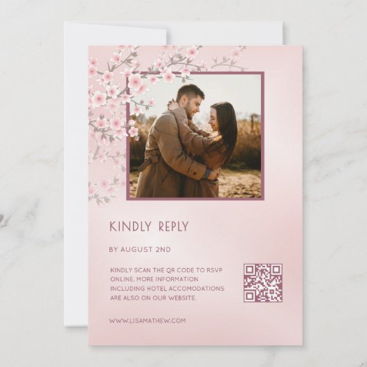 Blush Pink Cherry Blossom Photo Wedding 招待状 (裏面)