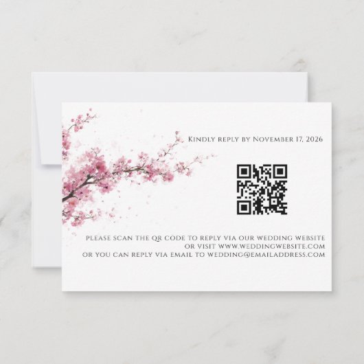 Blush Pink Cherry Blossom QR Code Wedding 出欠カード (裏面)
