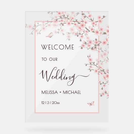Blush Pink Cherry Blossom Wedding Transparent アクリルサイン (正面)