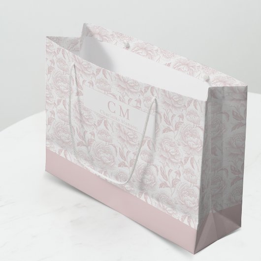 Blush Pink Chinoiserie Peonies Monogram ラージペーパーバッグ