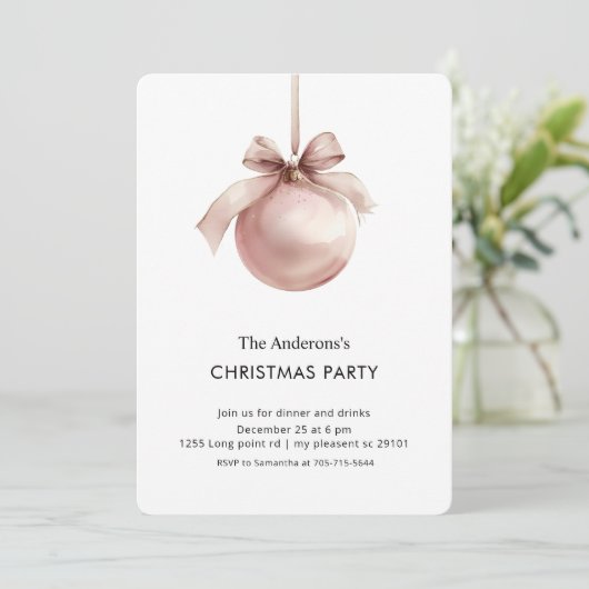 Blush Pink Christmas Ornament Party 招待状 (スタンド正面)