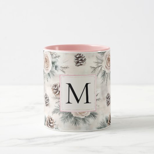Blush Pink Christmas Pine Cones Floral Monogram マグカップ (中央)