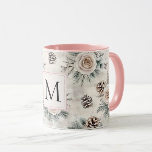 Blush Pink Christmas Pine Cones Floral Monogram マグカップ (正面右)