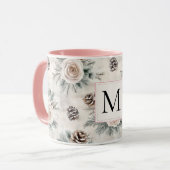 Blush Pink Christmas Pine Cones Floral Monogram マグカップ (正面左)