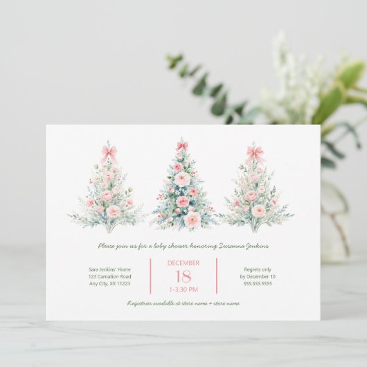 Blush Pink Christmas Trees Baby Shower Invitation 招待状 (スタンド正面)