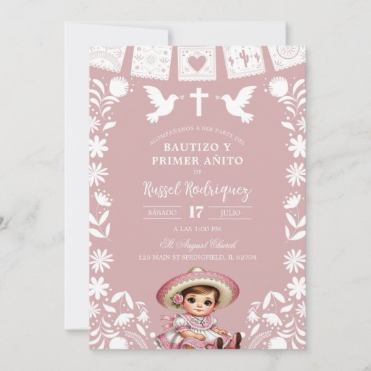 Blush Pink Cielito Lindo Bautizo y Primer Anito 招待状 (正面)
