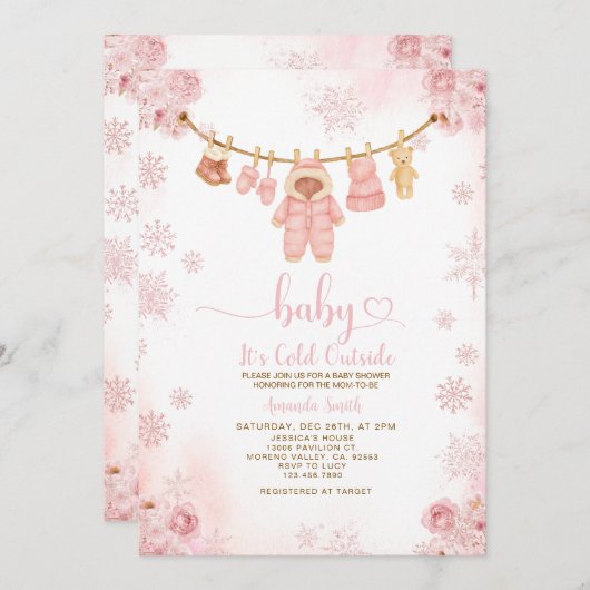 Blush Pink Clothesline Cold Outside Baby Shower 招待状 (正面/裏面)