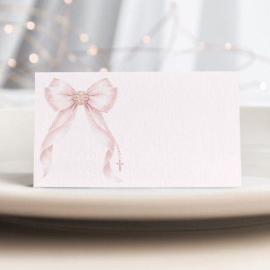 Blush Pink Coquette Bow Baptism Cross プレイスカード