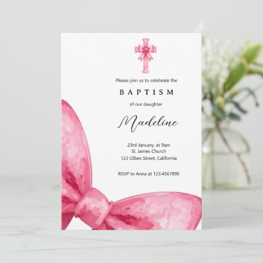 Blush Pink Coquette Bow Girls Baptism Invitation 招待状 (スタンド正面)