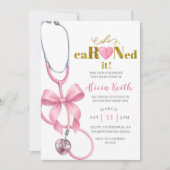 Blush Pink Coquette stethoscope She eaRNed it grad 招待状 (正面)