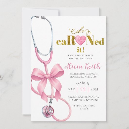 Blush Pink Coquette stethoscope She eaRNed it grad 招待状 (正面)