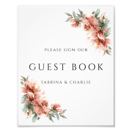 Blush Pink Coral Peony Wedding Guest Book Sign フォトプリント (正面)