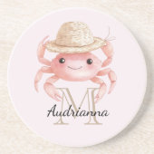 Blush Pink Crab with Hat Monogram コースター (正面)