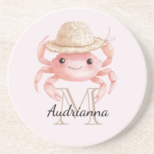 Blush Pink Crab with Hat Monogram コースター (正面)