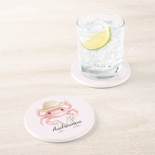 Blush Pink Crab with Hat Monogram コースター (側面)
