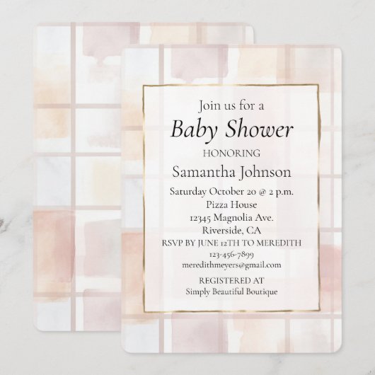 Blush Pink Cream Abstract Squares Baby Shower 招待状 (正面/裏面)