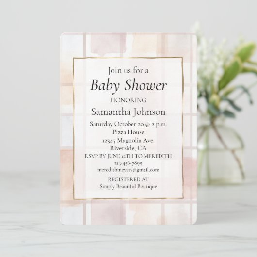 Blush Pink Cream Abstract Squares Baby Shower 招待状 (スタンド正面)