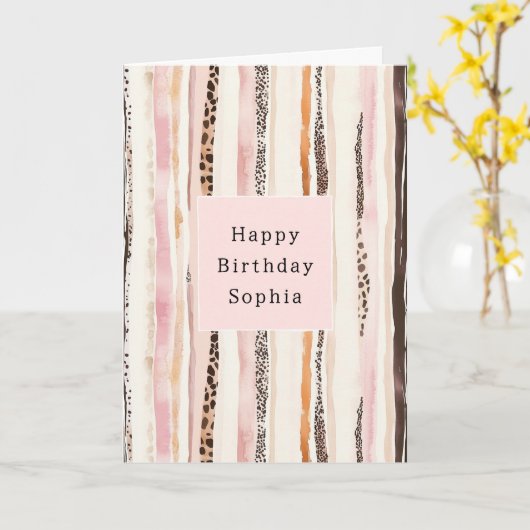 Blush Pink Cream Brown Leopard Animal Birthday カード (黄色い花)