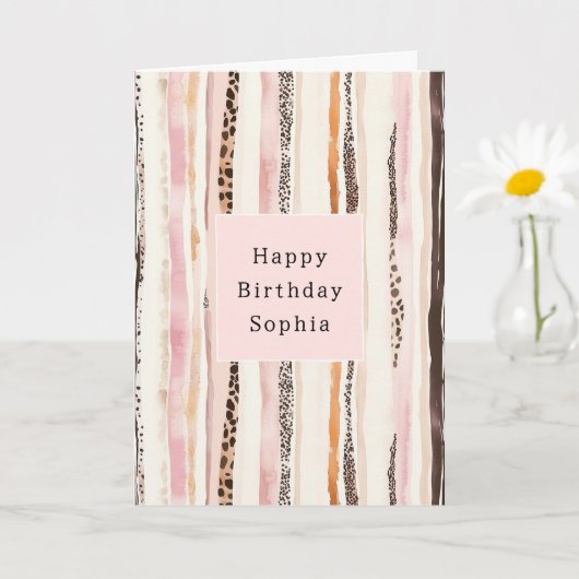 Blush Pink Cream Brown Leopard Animal Birthday カード (小さな植物)