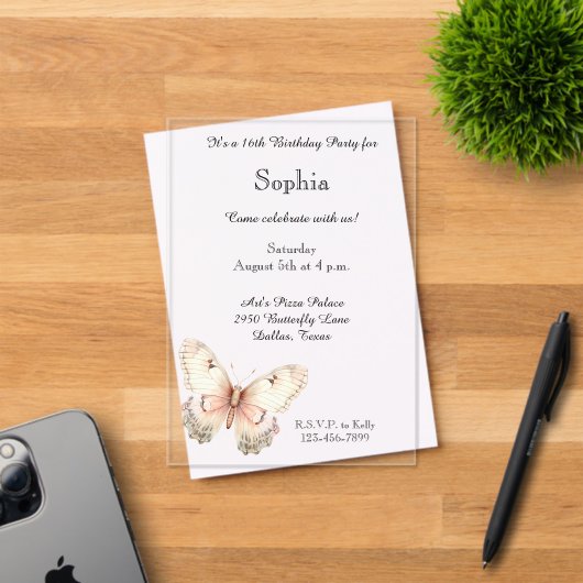 Blush Pink Cream Butterfly Birthday  アクリル招待状 (インサイチュ (招待状))