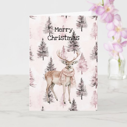 Blush Pink Cream Deer Scarf Christmas Trees カード (蘭)