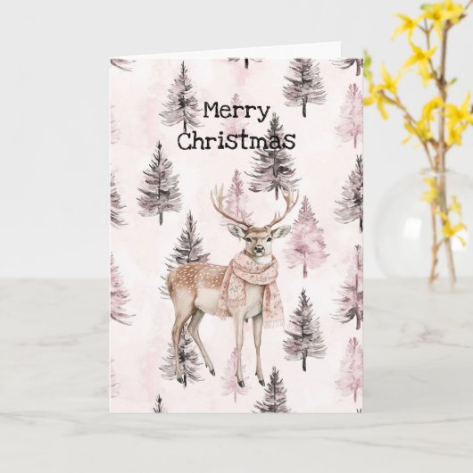 Blush Pink Cream Deer Scarf Christmas Trees カード (黄色い花)