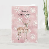 Blush Pink Cream Deer Scarf Snowflakes Christmas カード (正面)