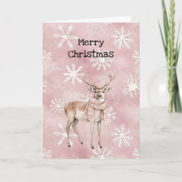 Blush Pink Cream Deer Scarf Snowflakes Christmas カード
