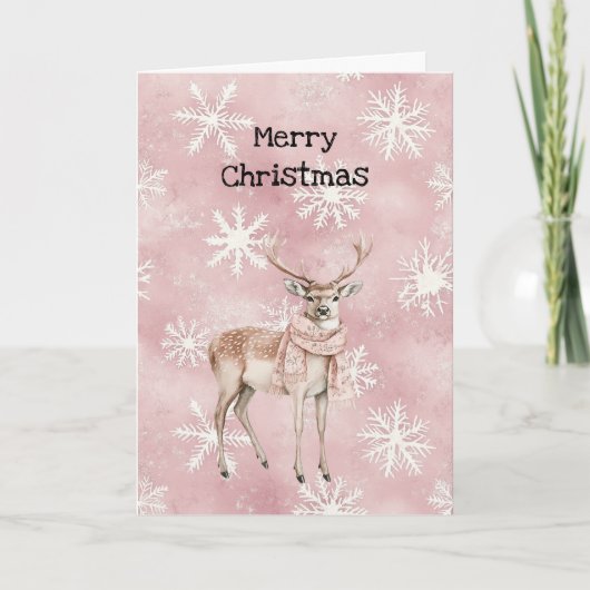 Blush Pink Cream Deer Scarf Snowflakes Christmas カード (正面)
