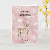 Blush Pink Cream Deer Scarf Snowflakes Christmas カード (黄色い花)