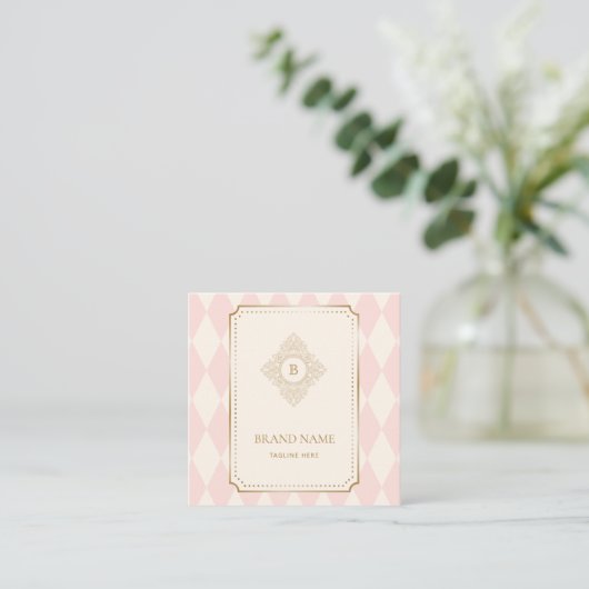 Blush Pink Cream Diamond Gold Frame Monogram スクエア名刺 (スタンド正面)