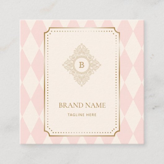 Blush Pink Cream Diamond Gold Frame Monogram スクエア名刺 (正面)